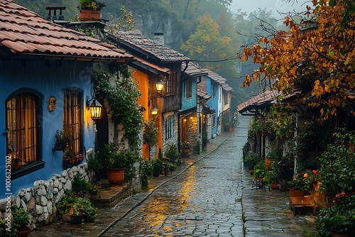Charming cobblestone street in an old European town on a rainy autumn evening.