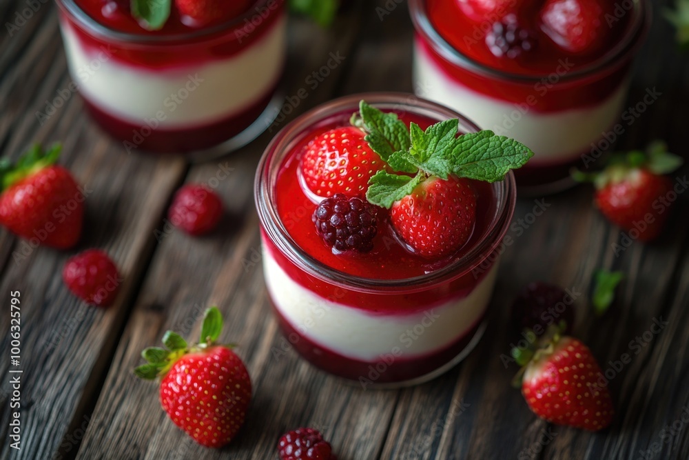 Three mason jars filled with a creamy vanilla base topped with fresh strawberries and raspberries, served on a wooden surface.
