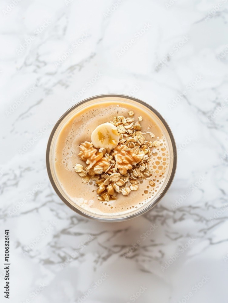 Creamy beverage with banana slices and almond flakes, served in a glass on the table Creamy beverage with banana slices and almond flakes, served in a glass on the table