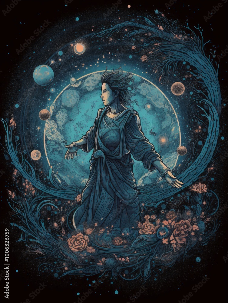 Ethereal figure surrounded by celestial elements and floral motifs. Ethereal figure surrounded by celestial elements and floral motifs.