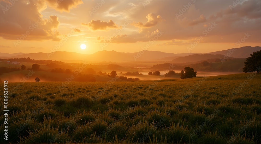 Obraz premium Golden sunrise over a vibrant countryside with sparkling fields and charming houses in the distance
