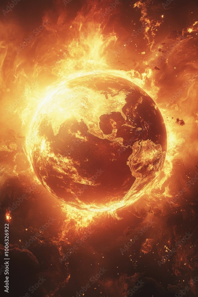 A fiery apocalypse engulfs a world, as the sun explodes and earth burns in a catastrophic event.