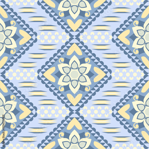 florals fabric pattern Damask and geometric style hand drawn pastel color blue yellow 