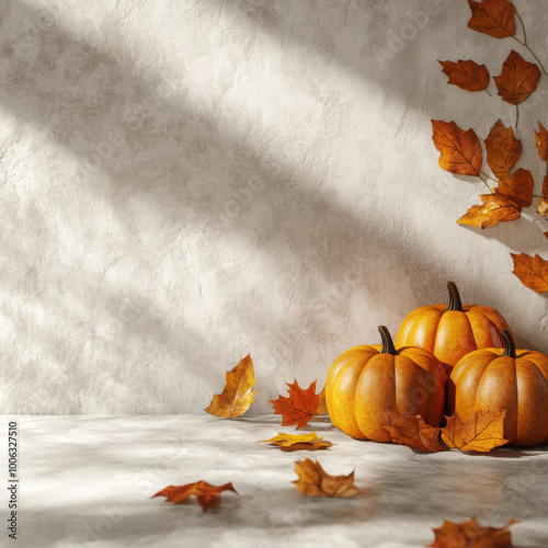 Autumnal Still Life: Three pumpkins and scattered autumn leaves bask in the warm glow of sunlight against a textured concrete wall.  A perfect image for fall promotions, harvest celebrations. photo