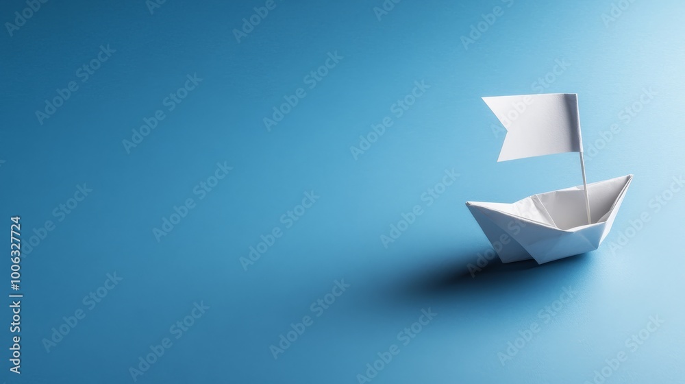 A neatly folded white paper boat sits against a pastel blue backdrop, featuring an empty flag. The serene colors and soft shadows evoke themes of possibilities and adventure A neatly folded white paper boat sits against a pastel blue backdrop, featuring an empty flag. The serene colors and soft shadows evoke themes of possibilities and adventure