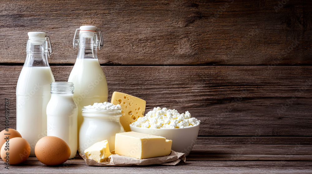 A rustic flat lay of various dairy products arranged on a wooden background. The scene features bottles of milk, a wedge of cheese, a bowl of cottage cheese, a jar of yogurt, a slab of butter,