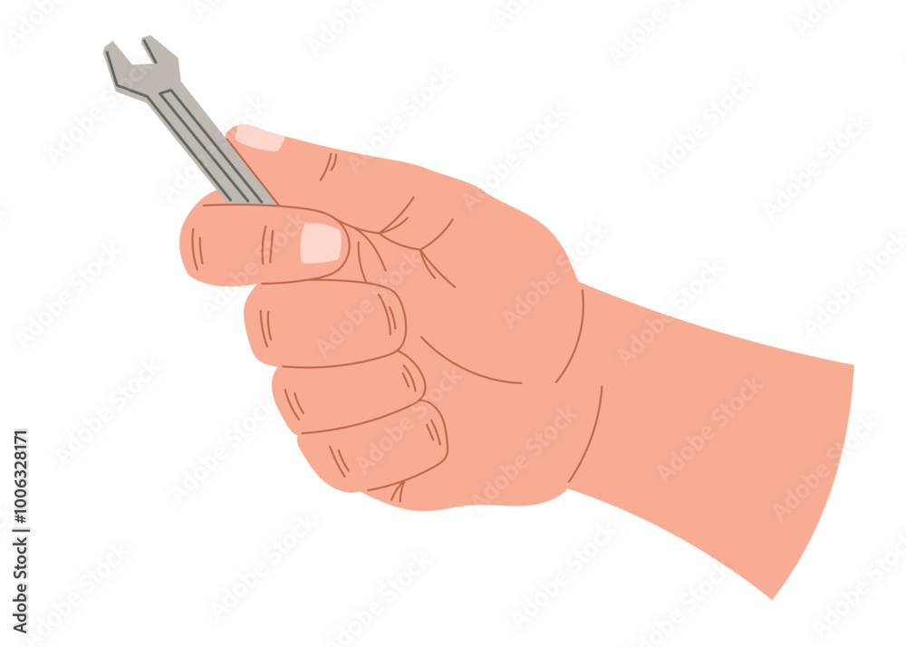 Male hand holding small metal wrench. Craftsman or repairman with working tool. Vector isolated on white flat cartoon illustration. Male hand holding small metal wrench. Craftsman or repairman with working tool. Vector isolated on white flat cartoon illustration.