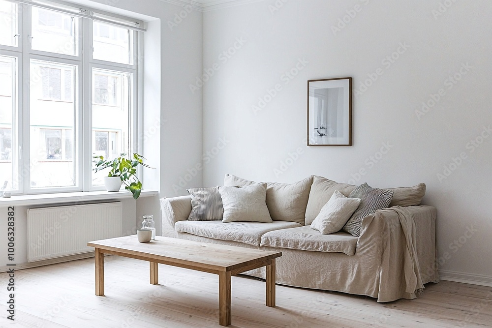 Fototapeta premium Minimalist, An interiors of a modern residential living room with art frames and sofas and tables based on Scandinavian interiors. Generative AI