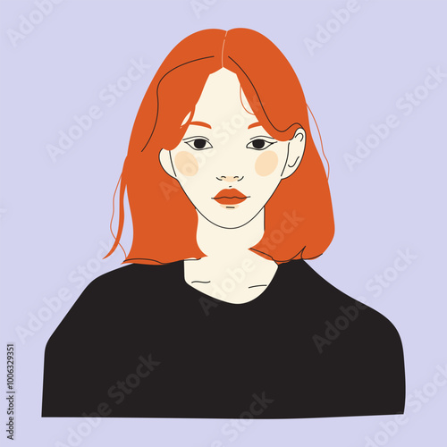  Young woman with red hair. Portrait of a beautiful modern teenager girl.Flat vector illustration isolated on background.