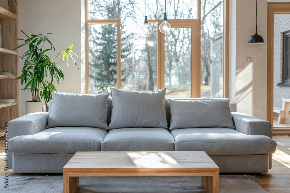 Fototapeta premium Minimalist, An interior photograph of a modern living room based on a Scandinavian interior. Generative AI