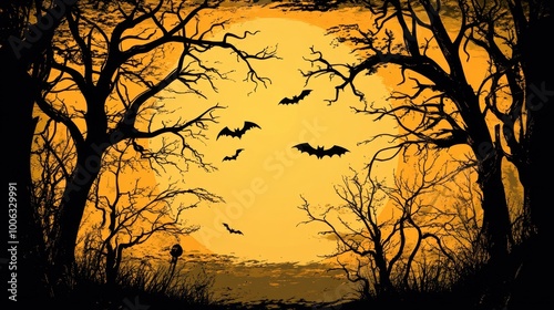 Autumn Halloween scene with a full moon and shadowy trees, offering space for text or event details, perfect for invites.