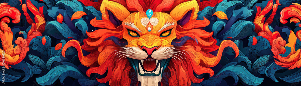 Fototapeta premium Majestic lion roaring amidst vibrant colors, symbolizing strength and celebration. intricate design showcases blend of fiery hues and flowing patterns, evoking sense of power and festivity