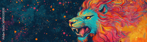 Wallpaper Mural Vibrant lion illustration with colorful mane and fierce expression, set against cosmic background filled with bright splashes of color, evoking sense of celebration and energy Torontodigital.ca