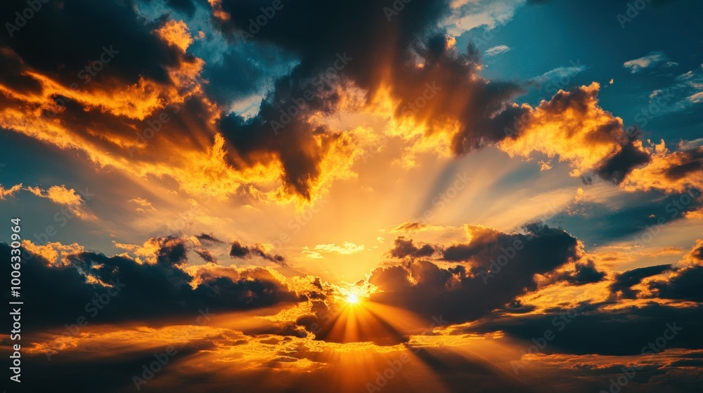 The sun is shining through the clouds, creating a beautiful and serene scene The sun is shining through the clouds, creating a beautiful and serene scene