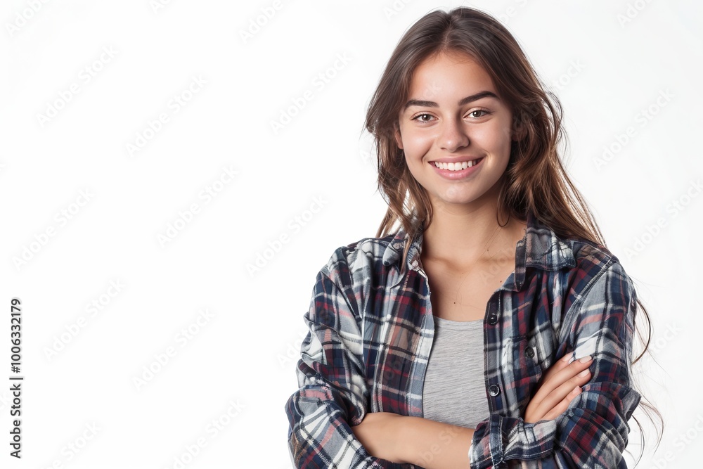 Smiling young woman dressed in casual style with arms folded, isolated on white , background blur Smiling young woman dressed in casual style with arms folded, isolated on white , background blur