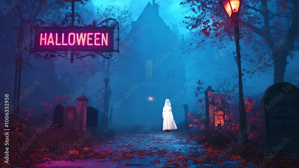 Mysterious Woman in White Dress in a Halloween Haunted Scene at Night Mysterious Woman in White Dress in a Halloween Haunted Scene at Night