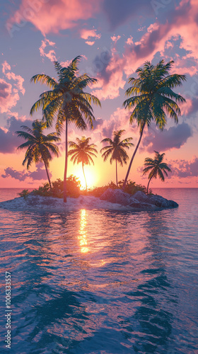 Idyllic tropical island with palm trees swaying gently in breeze, as sun sets over tranquil waters, creating serene and picturesque scene