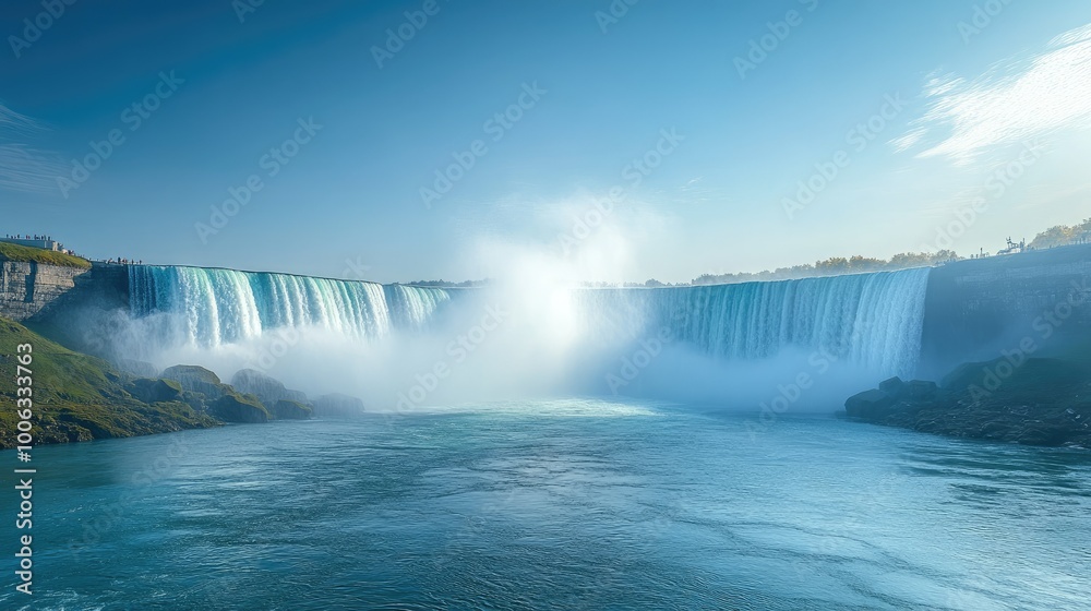 The majestic Niagara Falls captured during the day, with clear skies and no tourists in sight. The majestic Niagara Falls captured during the day, with clear skies and no tourists in sight.