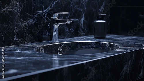 minimalist bathroom with a black marble sink and chrome faucet, offering clean lines and high-end design for a sleek and functional bathroom interior