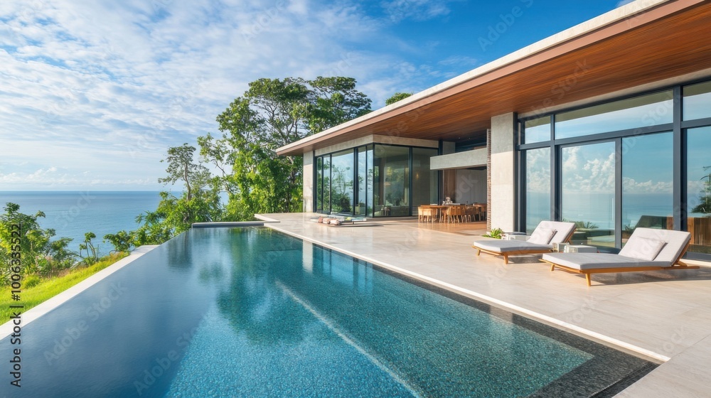 Fototapeta premium exterior and interior design of a house or new building featuring a tropical villa with a swimming pool and a green garden