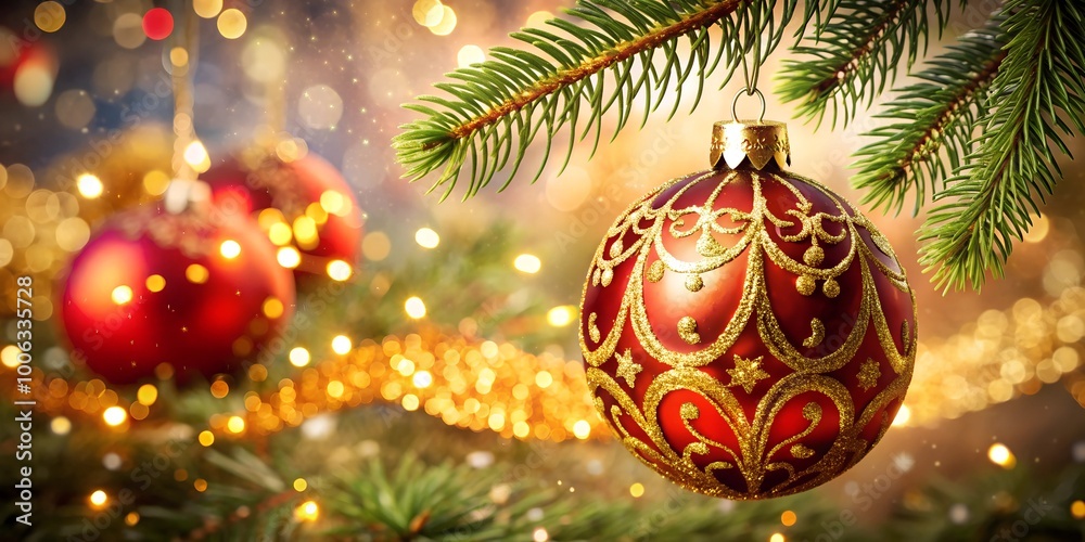 A vibrant red and gold Christmas bauble hanging on a tree, sparkling with intricate glitter designs against a festive background A vibrant red and gold Christmas bauble hanging on a tree, sparkling with intricate glitter designs against a festive background