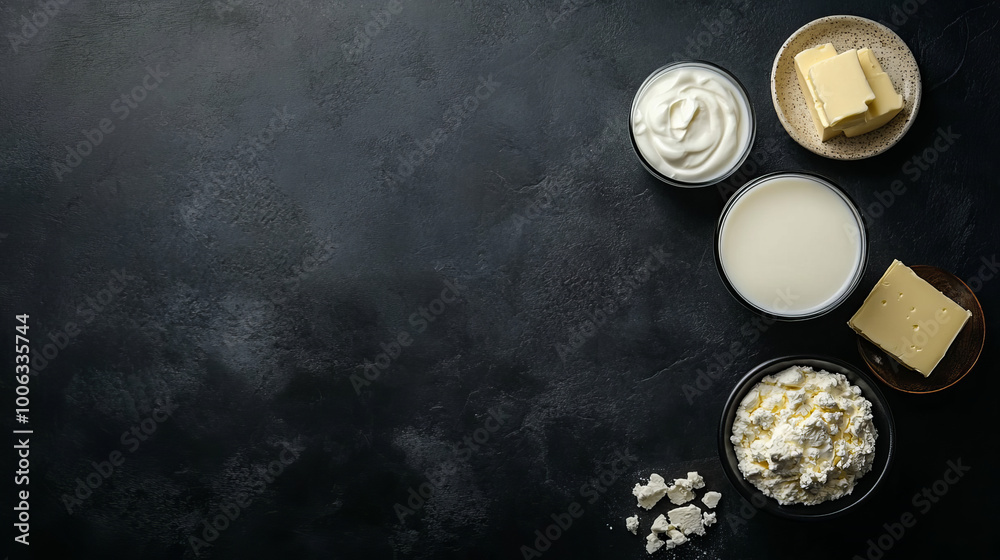 A flat lay display of various dairy products on a dark background. The arrangement includes a glass bottle of milk, a wedge of cheese, a bowl of sour cream, a jar of yogurt, and a slab of butter. A flat lay display of various dairy products on a dark background. The arrangement includes a glass bottle of milk, a wedge of cheese, a bowl of sour cream, a jar of yogurt, and a slab of butter.