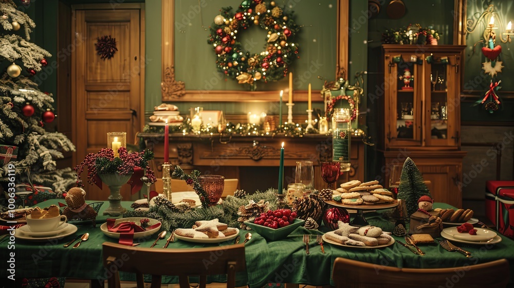 Christmas composition of dinning room interior with table with green table cloth, christmas tree, wreath, cookies, candle with candlestick and personal accessories. Christmas composition of dinning room interior with table with green table cloth, christmas tree, wreath, cookies, candle with candlestick and personal accessories.
