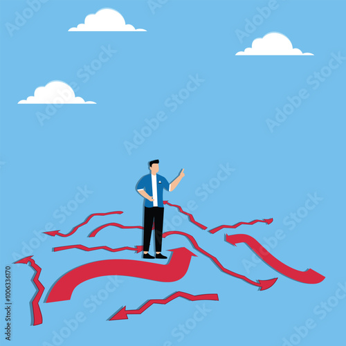 Choosing the right business direction, finding solution to solve problem, confusion, hesitation and uncertainty concept, Businessman standing among many arrows with different directions