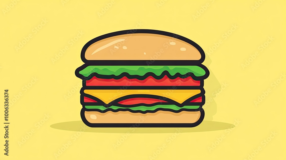 A cute, flat-style sandwich icon with bright colors showing layers of bread, lettuce, tomato, and a slice of cheese. Clean, bold lines make the icon pop. A cute, flat-style sandwich icon with bright colors showing layers of bread, lettuce, tomato, and a slice of cheese. Clean, bold lines make the icon pop.