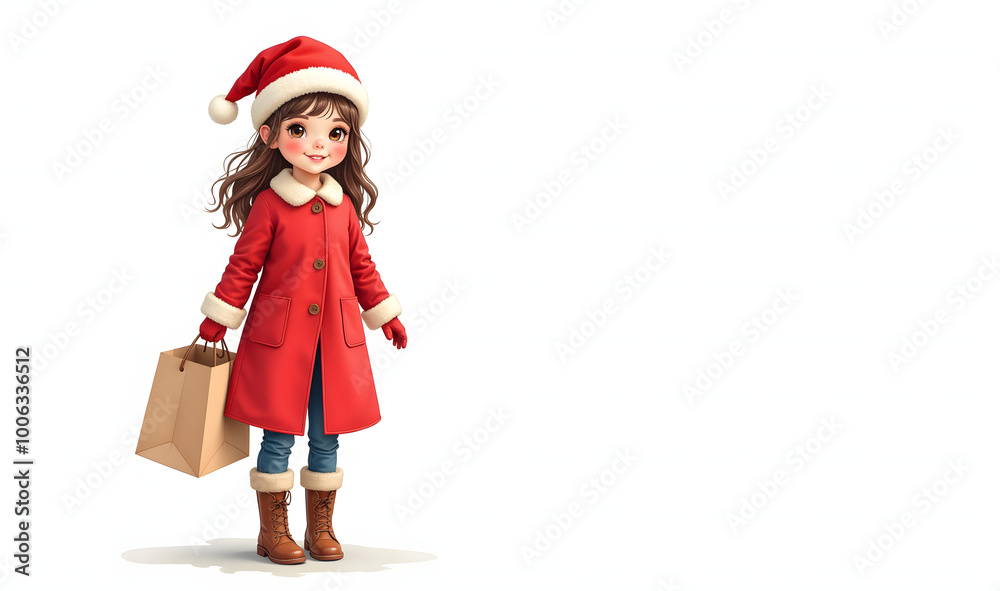 Watercolor beautiful cute girl in red coat and santa claus hat, holding beige kraft paper bag, dreamy christmas atmosphere, perfection, white background, vintage watercolor painting of happy Watercolor beautiful cute girl in red coat and santa claus hat, holding beige kraft paper bag, dreamy christmas atmosphere, perfection, white background, vintage watercolor painting of happy