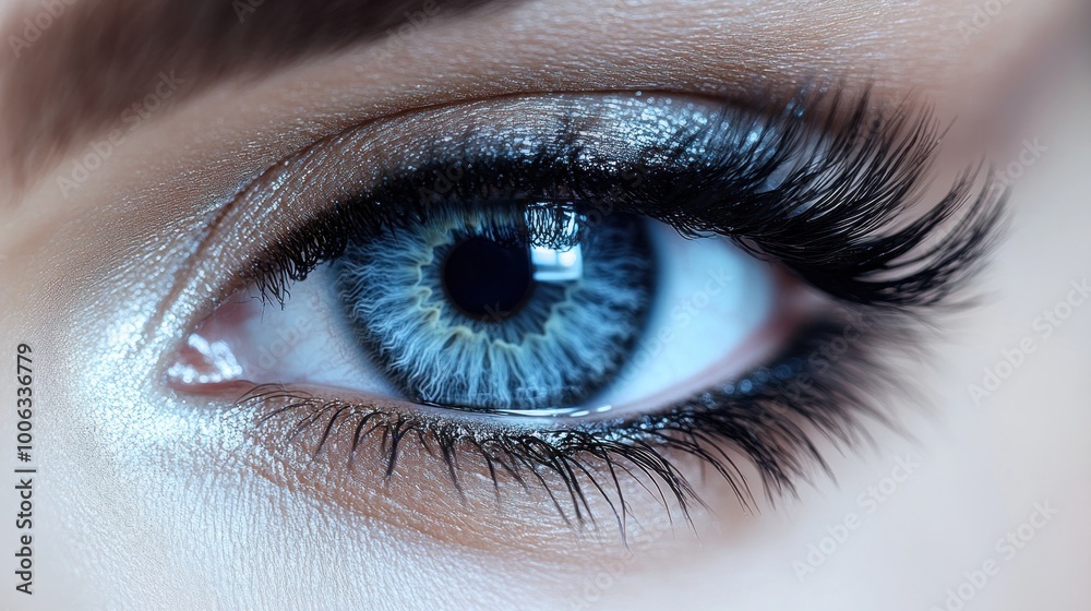 Obraz premium Close-up of a beautiful blue eye with long eyelashes and shimmery makeup.