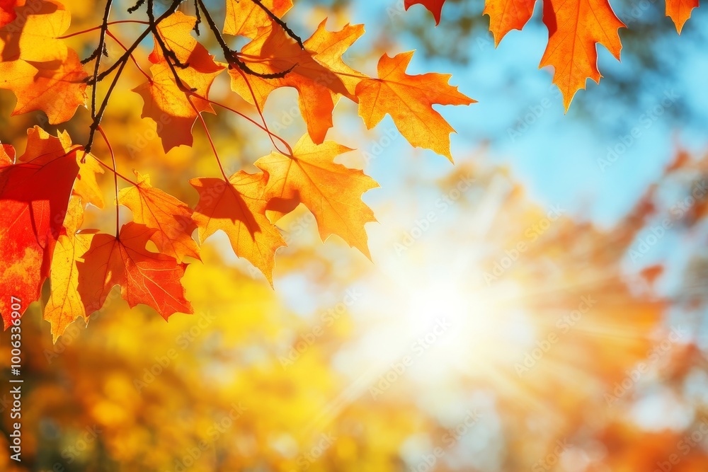 A selection of red maple leaves in autumn with a blue sky background. A selection of red maple leaves in autumn with a blue sky background.