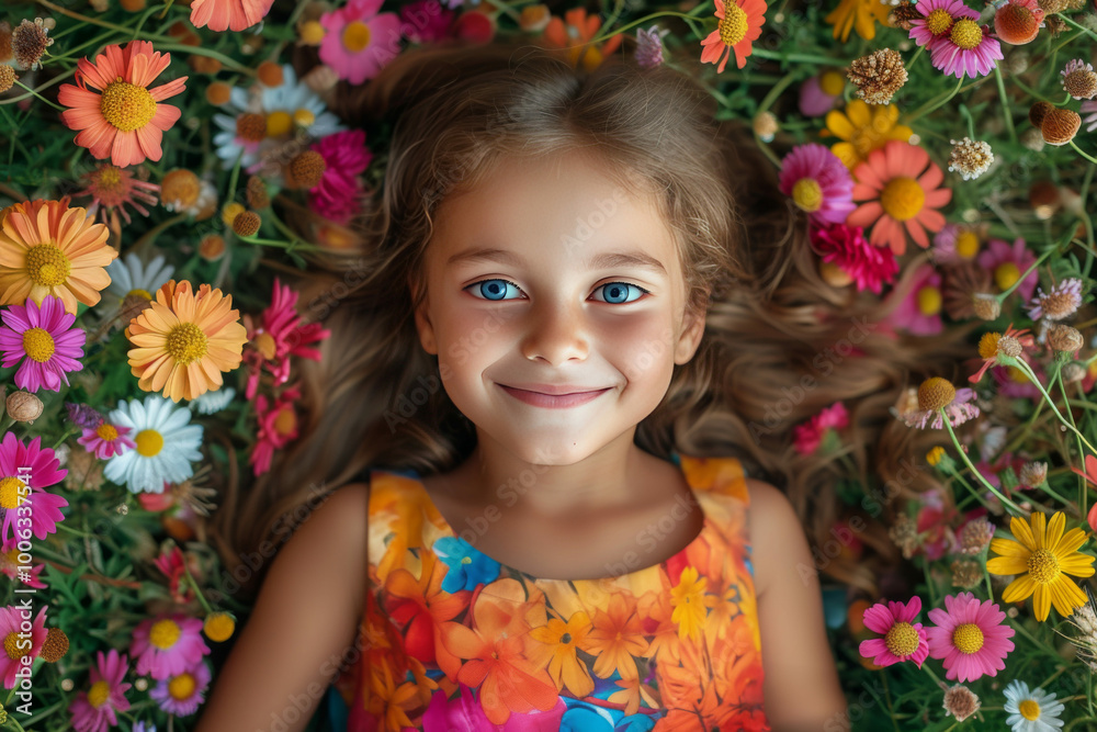 Cheerful young girl lying in vibrant field of wildflowers, radiating joy and happiness amidst colorful blooms, embodying spirit of youthful exuberance and connection with nature Cheerful young girl lying in vibrant field of wildflowers, radiating joy and happiness amidst colorful blooms, embodying spirit of youthful exuberance and connection with nature