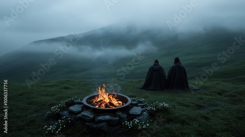 Two cloaked figures sit silently by a small fire on a misty hillside, enveloped in fog and mystery, embodying solitude, contemplation, and natural beauty in isolation. photo