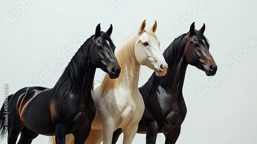 A group of three horses standing against a solid white background, each horse a different color.