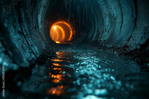 Dimly lit wet sewer tunnel with glowing orange lights and reflections on water, creating mysterious ambiance of urban underground utilities, large wastewater adit under ground photo