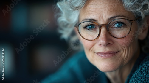 A smiling elderly woman with curly white hair and glasses looks directly at the camera, exuding friendliness and wisdom in a softly lighted environment.