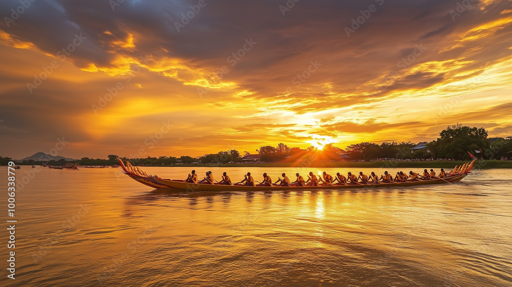Fototapeta premium stunning dragon boats at Bon Om Touk festival, rowers row in sync under the golden sunset, Ai generated images