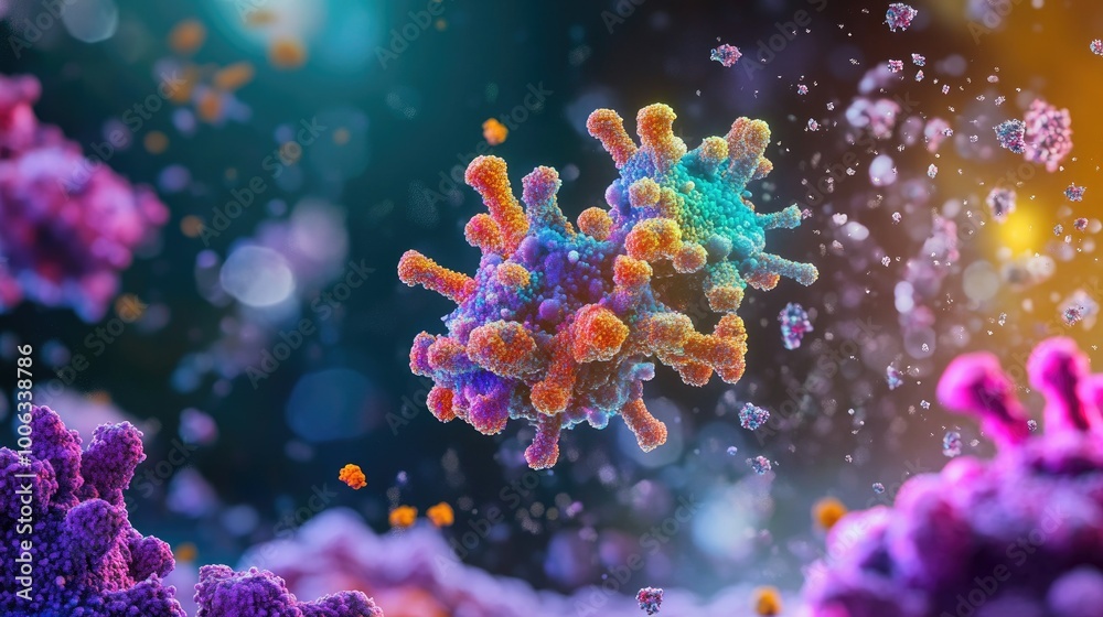 A microscopic view of a virus particle, with detailed spiked proteins shown in vivid colors, floating in a sea of particles. A microscopic view of a virus particle, with detailed spiked proteins shown in vivid colors, floating in a sea of particles.