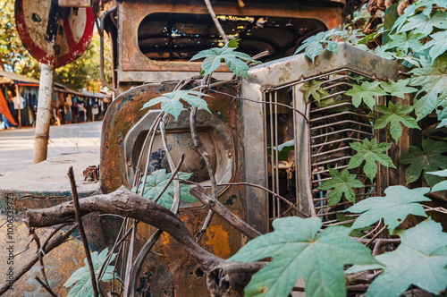 An abandoned jeepney covered in vegetation along a quiet road in the countryside photo