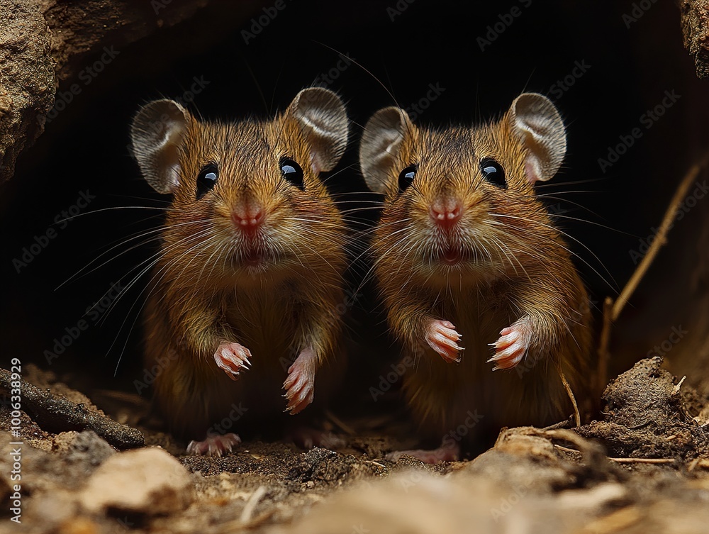 Two Adorable Mice Peeking Out of a Hole Two Adorable Mice Peeking Out of a Hole