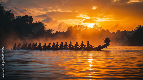 stunning dragon boats at Bon Om Touk festival, rowers row in sync under the golden sunset, Ai generated images photo