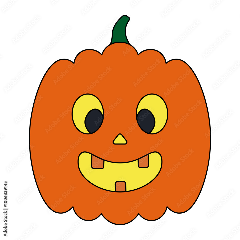 Fototapeta premium Pumpkin. Smiling grimace with teeth. Orange vegetable. Color vector illustration. Isolated white background. Halloween symbol with incisors. Idea for web design.
