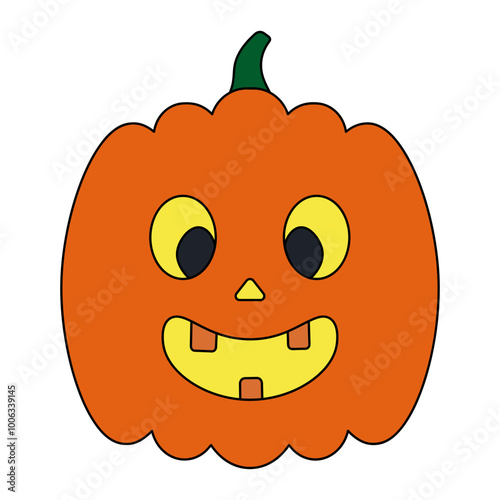 Pumpkin. Smiling grimace with teeth. Orange vegetable. Color vector illustration. Isolated white background.  Halloween symbol with incisors. Idea for web design.