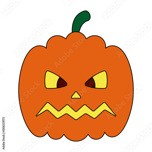 Pumpkin. Sinister facial expression. Orange vegetable. Color vector illustration. Isolated white background. Halloween symbol. Angry grimace. Idea for web design.