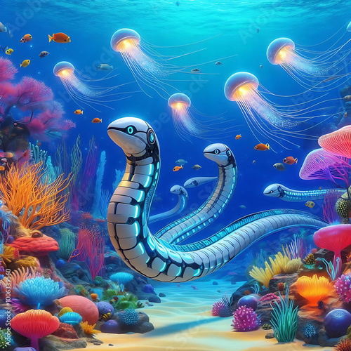 Bionic sea snakes swimming through coral reef with jellyfish