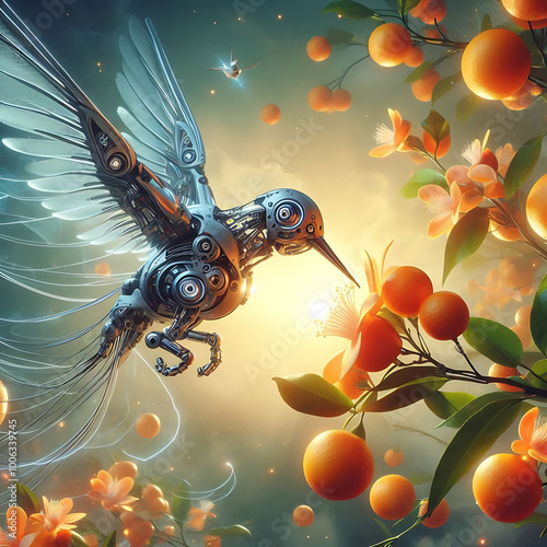 Mechanical hummingbird flying near orange tree with flowers