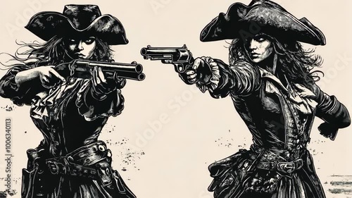 Two female pirates in black and white illustration, stand in a standoff with pistols drawn