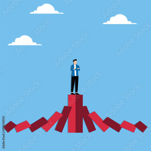 Strong business during recession, well prepared management against negative economic impact, surviving company concept, Businessman standing on strong bar graph unaffected by domino effect