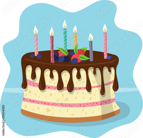 Flat illustration of a delicious birthday cake with candles